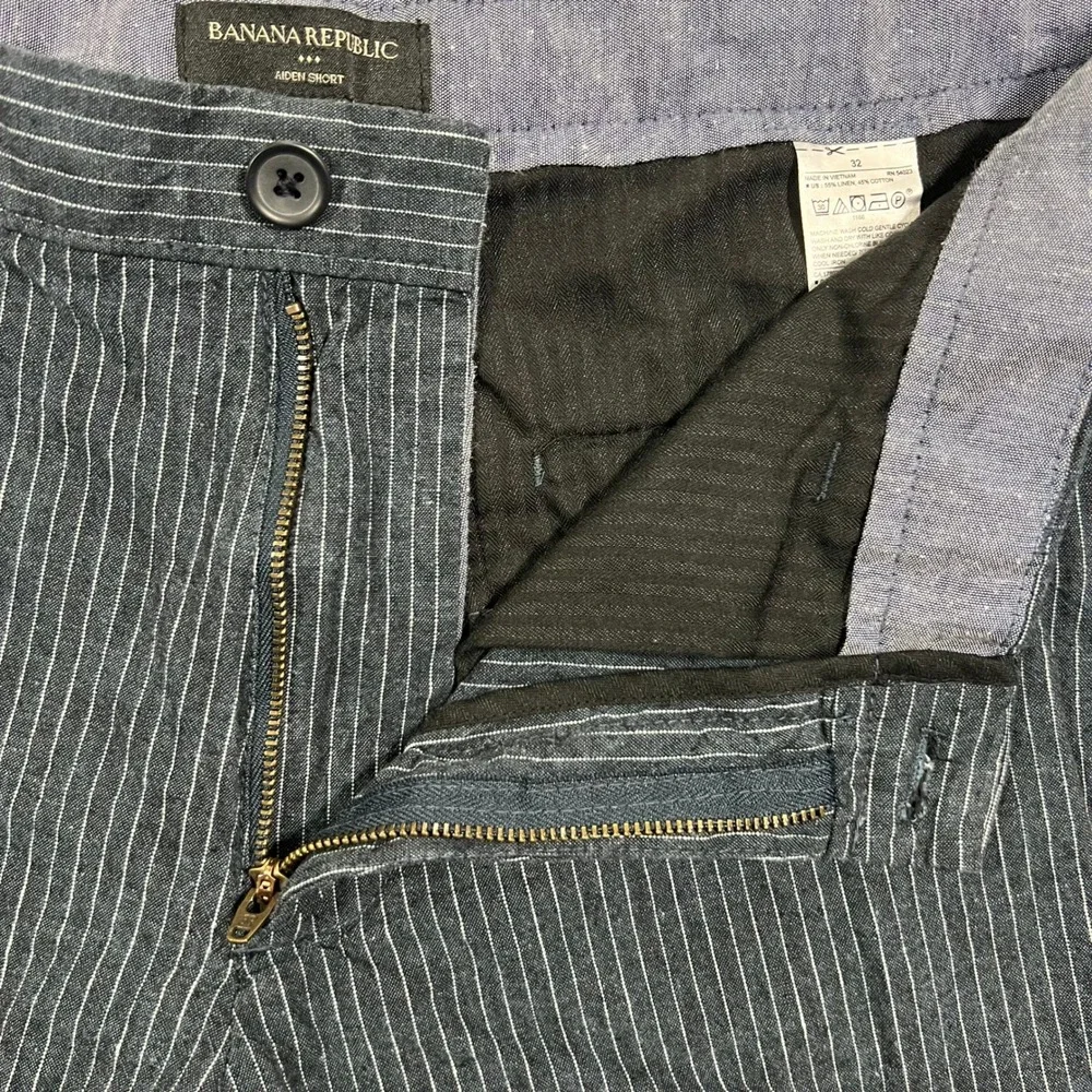 BANANA REPUBLIC Aiden Shorts Mens 32 Blue Pinstripe Linen Cotton 8in Summer